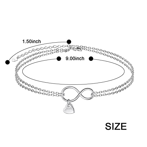 Flyow Infinity Layered Anklet 925 Sterling Silver For Women Girls Adjustable Heart Ankle Bracelet Boho Beach Foot Chain 9+1.5 Inch Charm Jewelry Birthday Gifts (Infinity Heart 9+1.5) #TOP6