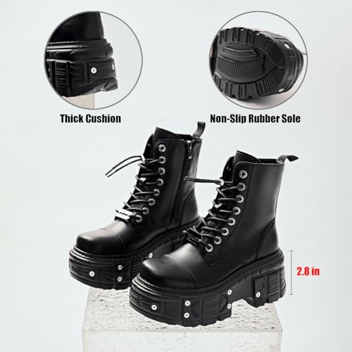 Women's Leather Rivets Punk Platform Heighten Combat Boots With Side Zipper Goth Lace Up Round Toe Block Chunky Heel Mid-Calf Booties For Motorcycle Riding3