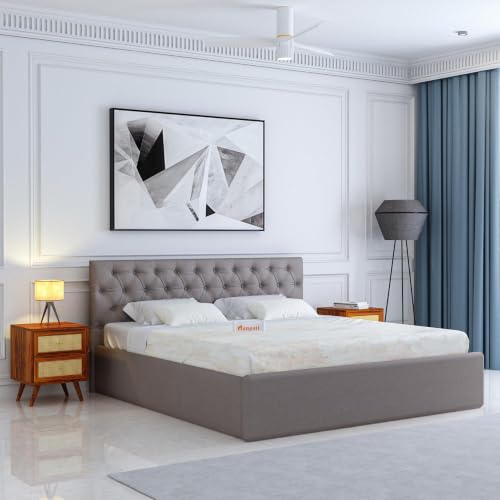Image of Ganpati Arts Solid Sheesham Wood Upholstered Queen Size Bed with Box Storage and Tufted Headboard | Durable Wooden Double Bed Cot Palang for Bedroom, Hotels and Home Furniture (Grey-1 Year Warranty)