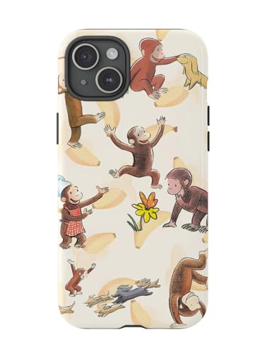 Cute Monkey & Banana Curious George Phone Case Compatible with iPhone 15, Protective Hybrid 2-Layer Hard Shell, Cute Curious Monkey Collection Playful George