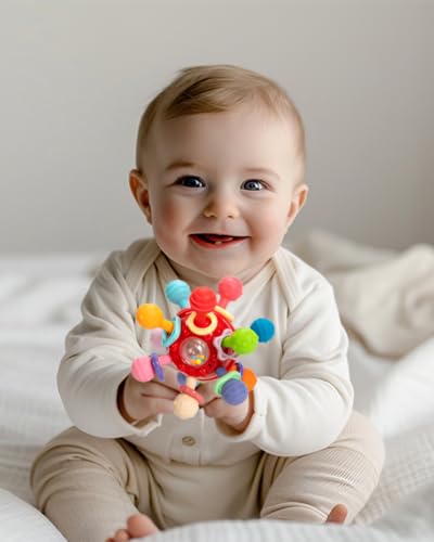 Image of Brand Conquer Silicone Baby Teether Ball Toy, BPA-Free Sensory Teething Toy for 3+ Months, Soft Chewable Textured Teether with Rattle, Colorful Grasping &Development Toy for Infants and Toddlers(Red)