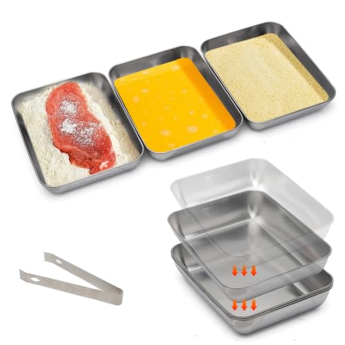 CEWROM Panierschalen Set, 3-teilig - Panier-Set aus Edelstahl Schale zum Panieren/Schalen zum Panieren mit Clip/Stapelbar Metall Panierstraße Rechteckig(25 x 19 x 5 cm) (1)