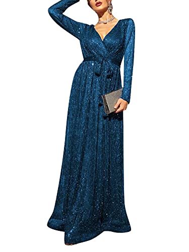 Vestido longo elegante com decote em V e cintura plissada, vestido de festa de manga comprida (azul