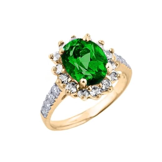 Joyara Anillo con esmeralda y diamantes en oro amarillo de 9 quilates para mujer con piedra natal de mayo