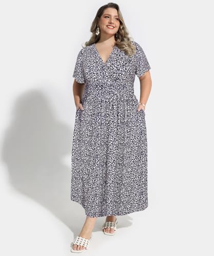 Image of CARCOS Plus Size Dresses for Curvy Women V Neck Summer Maxi Dress Short Sleeve Floral Boho Dress Smocked Waist Beach Dress