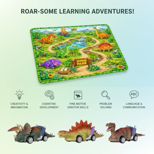 Image of Lefan Dinosaur Educational for 3 4 5 6 7 8 Years Old Boys Girls Kids Gifts 6 Dino Figure Dinosaur Toy Car Set with Dino Park Play Mat 6 Pull Back Dinosaur Cars for Kids Activity Play Set Gift Toy