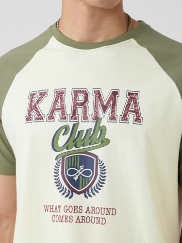 Image of The Souled Store Karma Men and Boys Short Sleeves Round Neck Green Graphic Printed Regular Fit Cotton T-Shirts