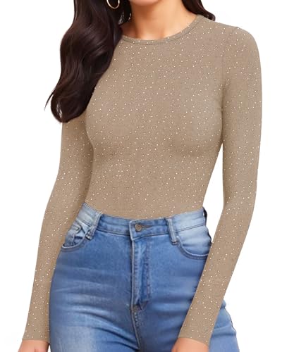 Image of MANGOPOP Womens Bodysuit Long Sleeve Crew Neck Body suit for Women Ribbed Bodysuits Shirts