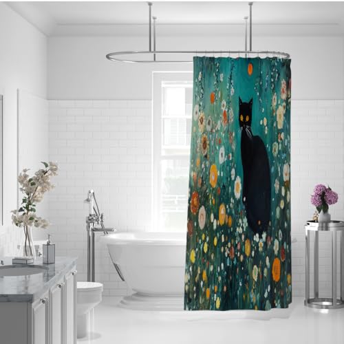 Rideau de douche chat noir imperméable en polyester avec crochets inclus