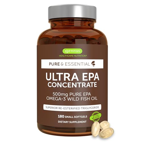 Igennus Ultra Pure Omega-3 EPA 500mg, Highly Concentrated IFOS Certified Wild Fish Oil, Advanced rTG Triglyceride Form, Non-GMO, 180 Small Softgels