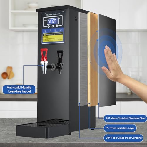 Image of Hot Water Dispenser Commercial Water Boiler Countertop Hot Water Machine Stainless Steel Step-heating Temperature Control 86-212F for Boba Tea Coffee Office Restaurant 1600W, 30L(8GAL) /Hour, Black