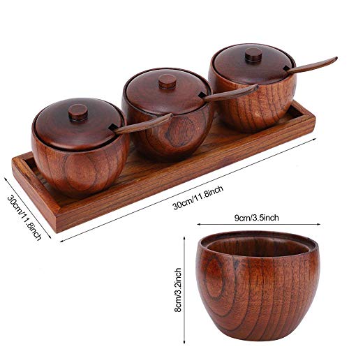 Luvitory Wooden Seasoning Spice Jar, Condiment Container Pots, Salt Box With Wooden Lid And Spoon 3 Pack Bowl With Tray, Food Storage For Home, Kitchen, Counter #TOP5