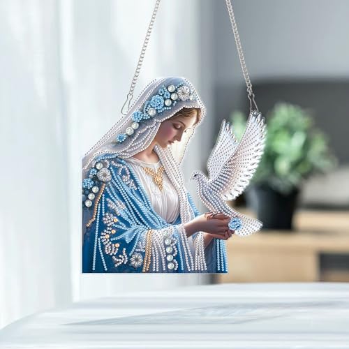 Image of AiYuanzsh Oversized Diamond Art Hanging Kit Virgin Mary with Dove, Religious Special Shaped Diamond Painting Suncatcher Ornament for Adults DIY Spiritual Wall Window Pendant Decor