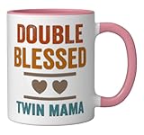 Double Blessed Twin Mama Twin Mom Mother Funny Mother's Day Ceramic Mug, Pink/White