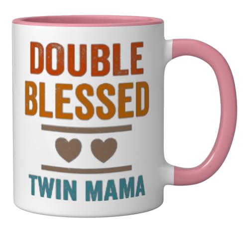 Double Blessed Twin Mama Twin Mom Mother Funny Mother's Day Ceramic Mug, Pink/White