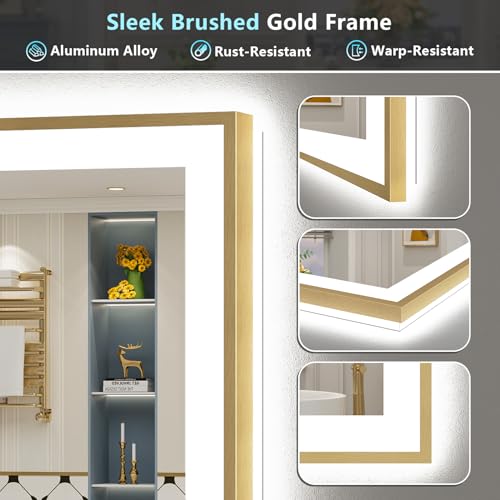 Image of 72x32 Gold LED Bathroom Mirror with Lights, Brushed Gold Framed Backlit and Front Lit Anti-Fog Lighted Vanity Mirrors for Bathroom Wall, Dimmable, 3 Colors, Memory, HD Tempered Glass, CRI 95