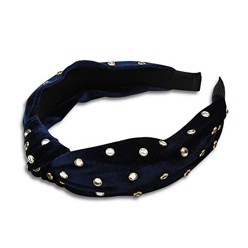 Velvet Wide Headbands Knot Turban Headband Vintage Hairband with Faux Pearl Elastic Hair Hoops Fashion Hair Accessories for Women and Girls (Rhinestone Headband Navy)