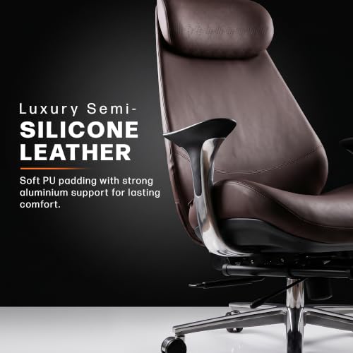 Image of Drogo Amara Ergonomic Office Chair for Work & Home- Luxury Semi-Silicone Leather, 5cm Seat Depth Adjustment, Curved Headrest, PU Aluminium Armrest, 135 Recline with 3 Lock Positions, Footrest (Brown)