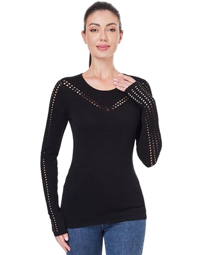 AmélieBoutik Women Crew Neck Eyelet Trim Long Sleeve Knit Top Sweater4