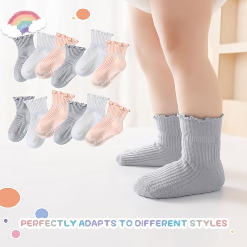 Image of Baby Toddler Girls Socks Grip Ruffle Non Slip Kids Cotton 12 Pack Socks | PREMIUM soft COTTON,full anti-slip grips,6month-7t grippy crew socks for girls,daily school all season wear,cute ruffle