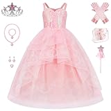 jiobabe Pink Princess Witch Glinda Costume, Good Witch Glinda Dress Kids Toddler Halloween Costumes Outfit, Starlight Tulle Dress with Crown, Wand & Full Accessory Set GR052S