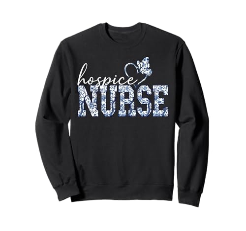 Toile Blue Floral Hospice Nurse Butterfly Heart Nursing RN Sweatshirt