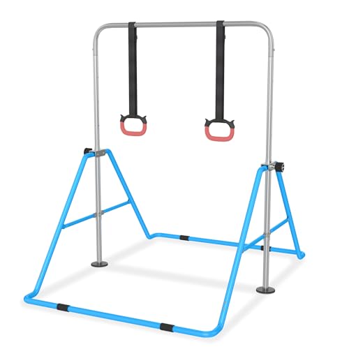 XMTECH Barra de gimnasia para niños, altura regulable (91 – 133 cm), plegable, construcción de acero resistente, equipo de fitness en interiores para niños de 3 a 8 años, color azul