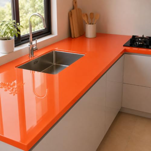 Image of Vinyl Contact Paper Decorative for Cabinets Countertops Kitchen Shelves Liner Self Adhesive Film Peel and Stick Waterproof Removable Wallpaper (Inches 24 x 72, Glossy Orange)
