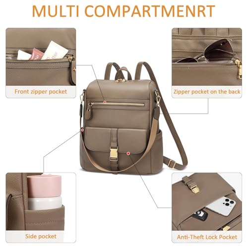 Image of KKXIU Backpack Purse for Women - Multi-pocket Leather backpack for Travel, Work & School with Anti-Theft Lock Pocket, Luggage Strap & Water Bottle Pockets - 13x14x5.2 Inch, 1.67lb (Khaki)