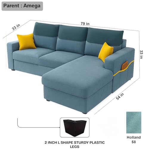 Image of Furny Tokiaa 4 Seater Fabric RHS L Shape Sofa Set (Sky Blue) | Soft Velvet Fabric | Modern Design | Comfortable Seating | Living Room Furniture