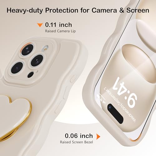 Aurorastar for iPhone 15 Pro Case, White Wave Frame with Heart Kickstand — view 2