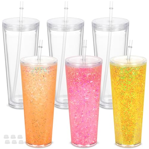 Micellwuu 6 Pack 24Oz Snow Globe Tumblers, Double Wall Acrylic Snowglobe Cup with Pre Drilled Hole, Lids, Straws and Plug, Reusable Clear Plastic Tumbler for Snow Globe Glitter DIY