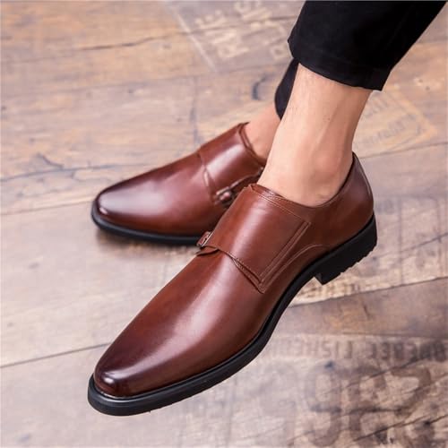 Men's Brown Leather Dress Shoes Formal Business Casual Slip On Pointed Toe Double Buckle Monk Oxfords Shoes2