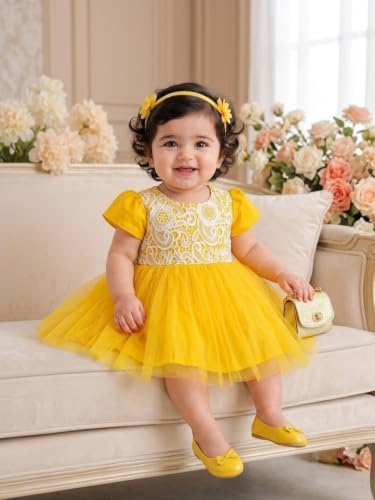 Image of Pspeaches Girls Dupion Short Sleeves Round Neck Solid 1 Piece Dress|Western Dress for Cute Baby Girls|Party & Casual Outfit