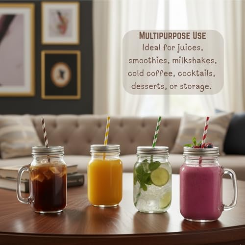 Image of Aesthetic Mason Glass Jars (Pack of 2) with Straw & Multicolour Checked Lid 450 ml - Classy Mug for Juice, Smoothies, Shakes, Coffee & Mocktails |Reusable Glass Jars for Kitchen, Party & Gifting