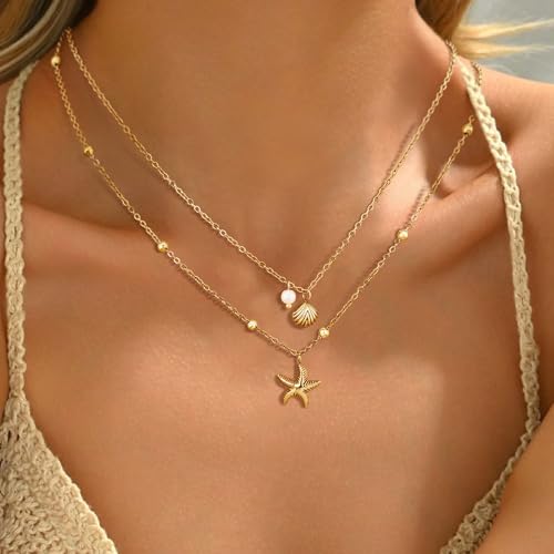 Shell Necklace for Women,14k Gold Plated Layered Starfish Conch SeaShell Pearl Pendant Charm Necklace,Non Tarnish Adjustable Stainless Steel Chain Stack Jewerly for Summer Beach Vacation4