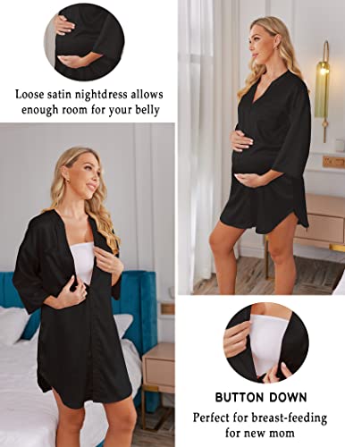 Ekouaer Satin Nightgowns for Women Silk Sleepwear Button Down Sleepshirt 3/4 Sleeve V-Neck Nightshirts with Pockets3