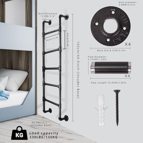 5-Sprosse Stufen Wandleiter für Etagenbetten, Kellerfensterschächte und Dachböden, Ausstiegsleiter aus schwarzem Metall, 150kg Tragkraft, 165 cm, ideal für Dachboden,Schlafsaal