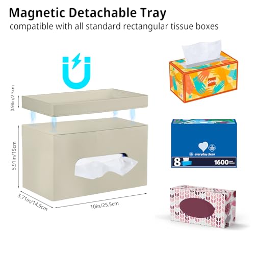 PU Leather Tissue Box Cover Rectangle with Detachable Storage Tray,Fits 230-Count Box Tall Rectangular,Modern Decorative Tissue Box Holder/Organizer for Bathroom,Bedroom Dresser,Night Stand - Thumbnail 3