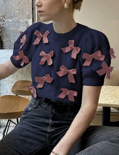 Image of Women's Sweaters Knitted Crewneck Puff Bubble Short Sleeve Pullover Tops Casual Bow T Shirts Chic Blouses