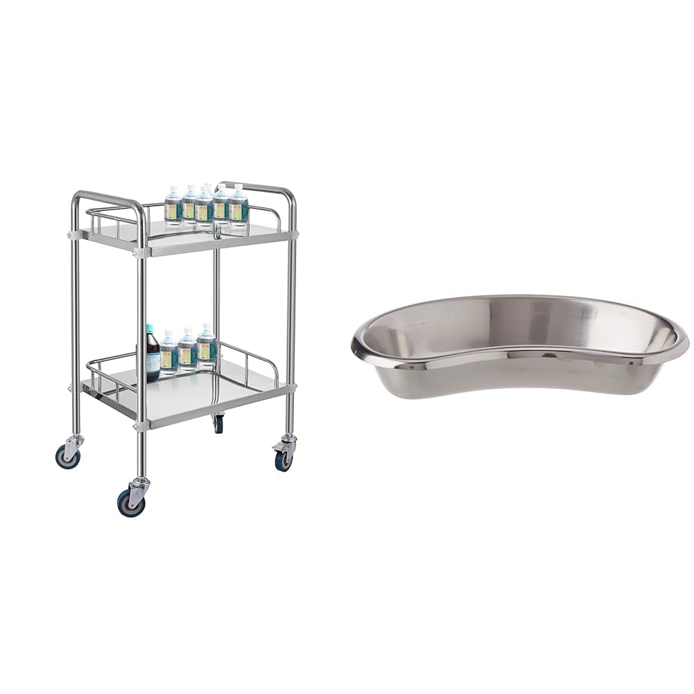 VEVOR Carrello da Laboratorio Professionale,2 Strati Carrello Medico in Acciaio Inox & GIMA 26581 Bacinella Inox, Bordo Alto, 207 x 98 x 39 mm