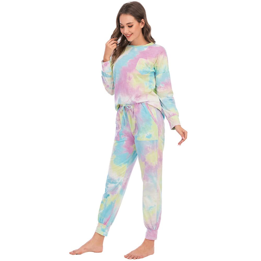 Schlafanzug,Damen-Pyjama-Sets Grün-Rosa Baumwolle Rundhals Batik Elastischer Bund Mit Tasche Kuschelig Warm Langarm Pjs Top & Unterteil Set Loungewear Nachtwäsche Weiche Faultier Nachtwäsche