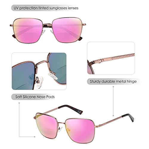 Missfive 2-Pack Bifocal Reading Sunglasses For Women Men, Mirrored Lens Far-Near Use Uv Protection Metal Sun Readers, Tinted Trendy Classes Square Designer Eyeglasses Shades Eyewear, 1.5X #TOP5