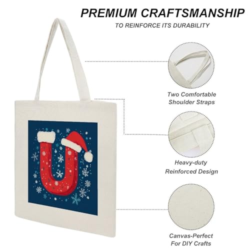Canvas Tote Bags Letter T with Santa Hat Snowflakes Reusable Shoulder Tote Bag Alphabet Decorative Gifts for Women Mother3