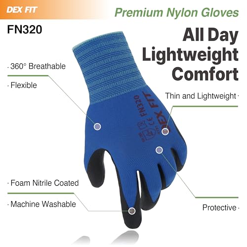Image of DEX FIT Nitrile Work Gloves FN320, 3D Comfort Stretch Fit, Power Grip, Durable Foam Coated, Thin & Lightweight Premium Nylon, Machine Washable, Blue 6 (XS) 3 Pairs