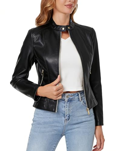 DIASHINY Black Faux Leather Jacket For Women, Zip Up Moto Biker