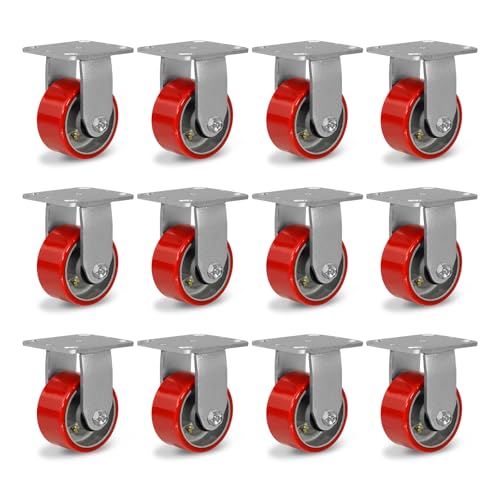 4" Caster Wheels, Polyurethane Industrial Caster Wheels Heavy Duty, Top Plate Fixed Casters(12 Rigid)