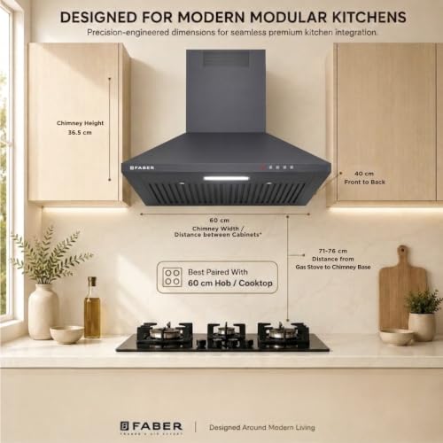 Image of Faber SION 60 cm 900 m /hr Wall Mounted Kitchen Chimney | Baffle Filter | Push Button | LED Lights | 1 Year Comprehensive Warranty and 12 Years on Motor | Neo Craft Grey | HOOD SION PB BF NG 60