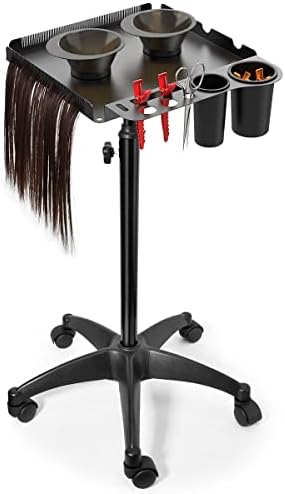 Johgee 沙龙轮盘带 2 个磁性碗,滚动铝托盘推车高度可调节,适合发型师,可拆卸接发工具托盘,纹身托盘带无粘性轮
