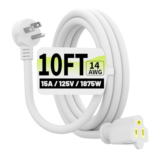 Vockjour 10 FT White Low Profile Flat Plug 14 Gauge Heavy Duty Extension Cord 14AWG 3-Wire Grounded Appliance Extension Cord 15A/125V/1875W SJTW ETL Listed Power Cord